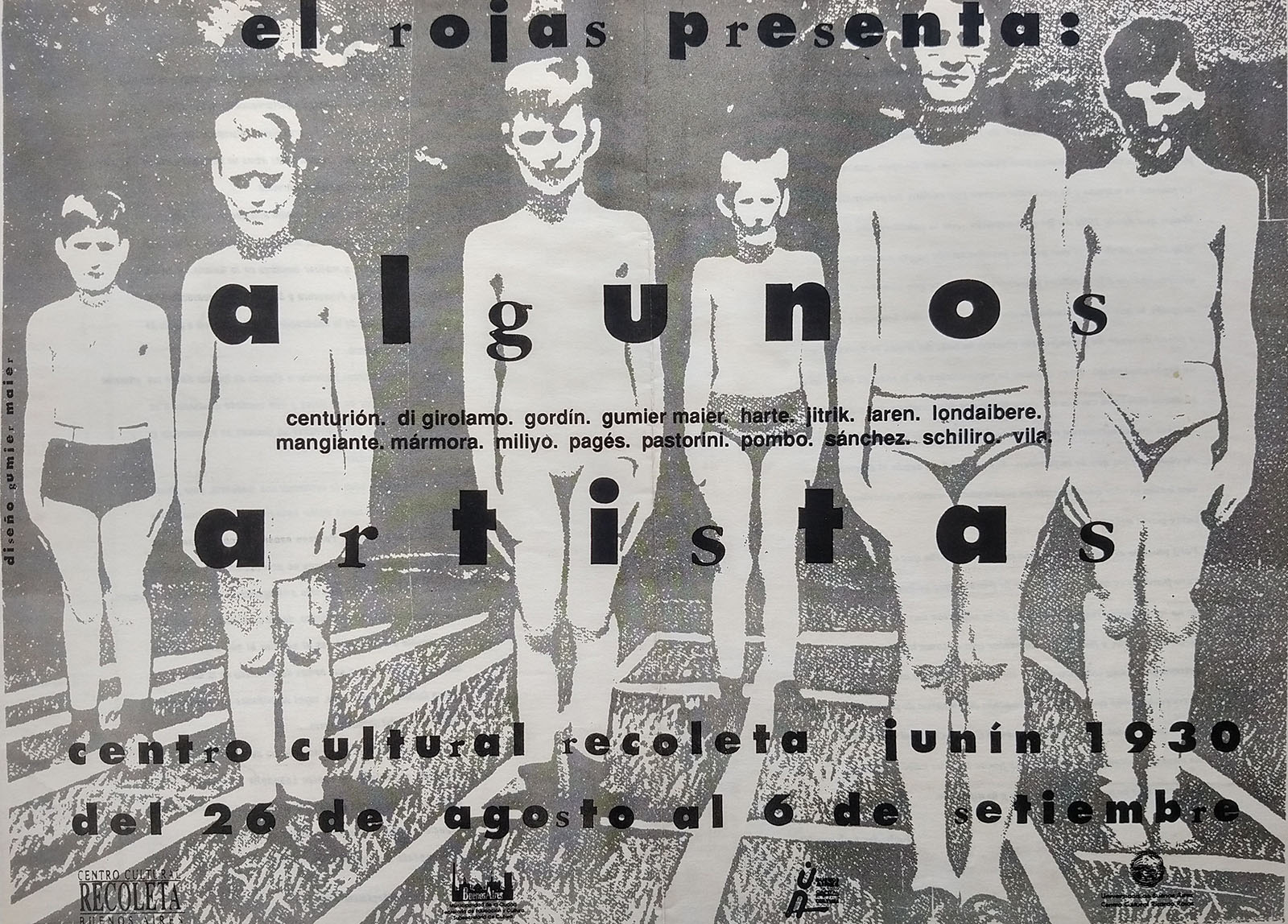 Afiche de la exposición El Rojas presenta Algunos Artistas, Centro Cultural Recoleta, 1992. Diseño Jorge Gumier Maier. Archivo Magdalena Jitrik, Buenos Aires.