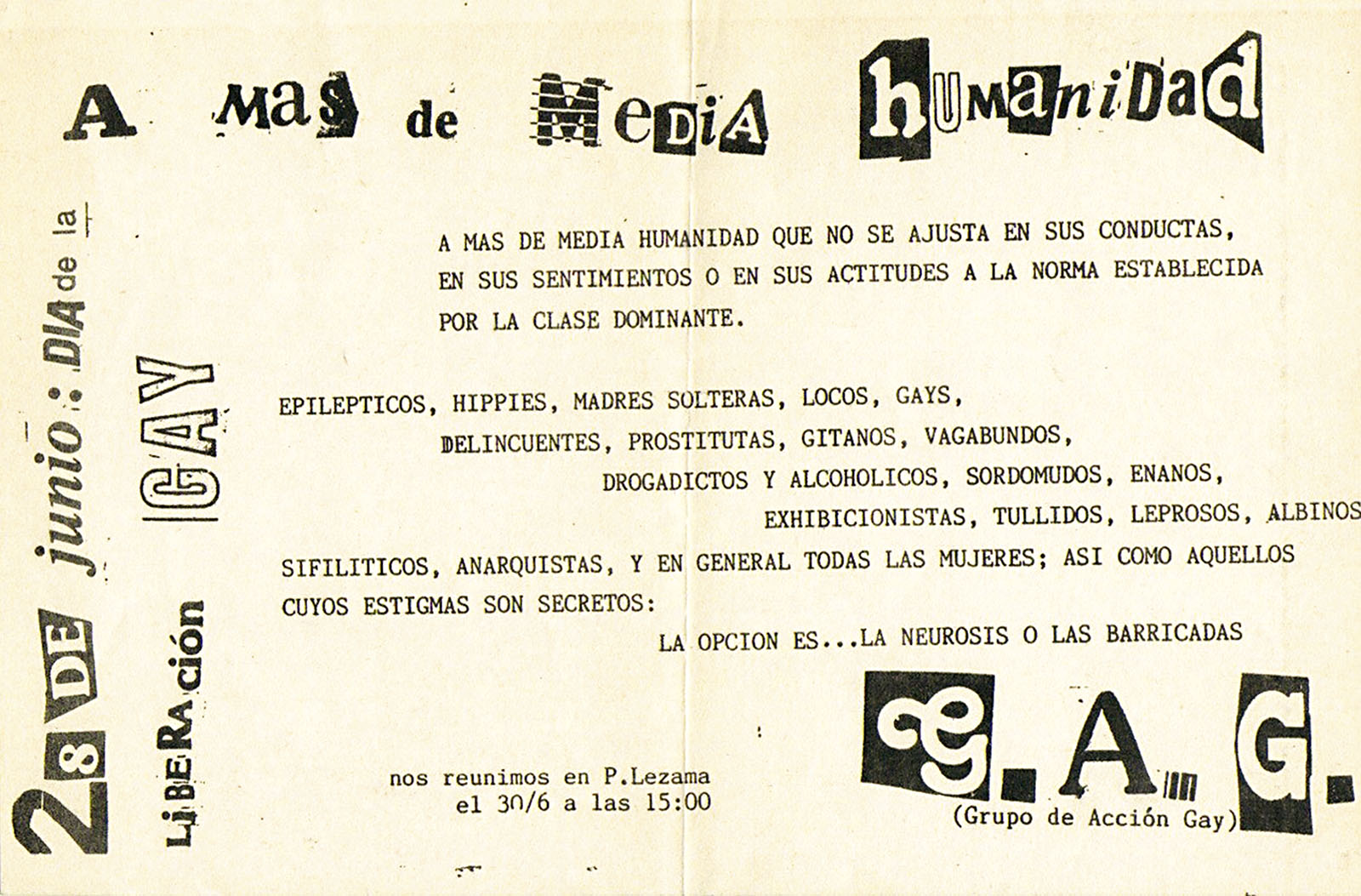 Volante del Grupo de Acción Gay, junio de 1984. Archivo Marcelo Pombo, Buenos Aires.