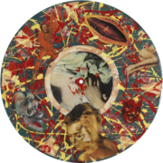 Marcelo Pombo, Disco, 1985, fotografías de revistas y brillantina sobre disco de vinilo pintado con esmalte sintético, 20 cm Ø