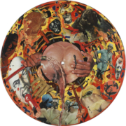 Marcelo Pombo, Disco, 1985, fotografías de revistas y brillantina sobre disco de vinilo pintado con esmalte sintético, 20 cm Ø