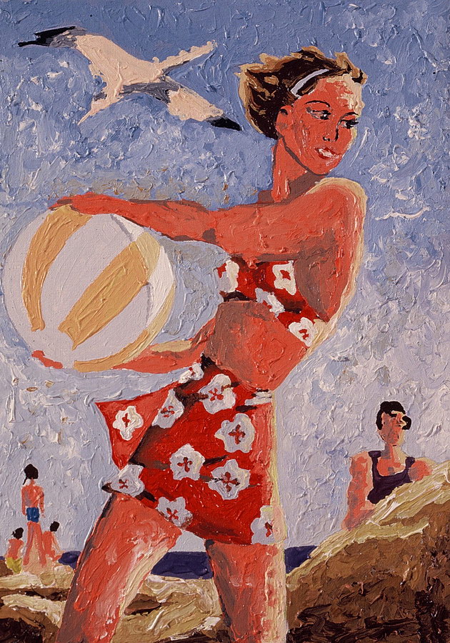 Fernanda Laguna - Chica en la playa,1995, acrílico y brillantina sobre tela, 30 x 20 cm.